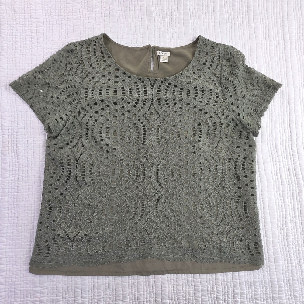 J.Crew Womens Olive Green Eyelet Lace Short Sleeve Blouse Top Size 14 EUC Boho